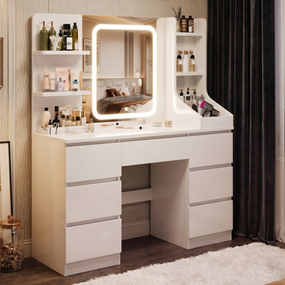 LED Dressing table 7 Drawers and 7 Storage Shelves Dressing Table With Mirror Large Desktop Makeup Desk