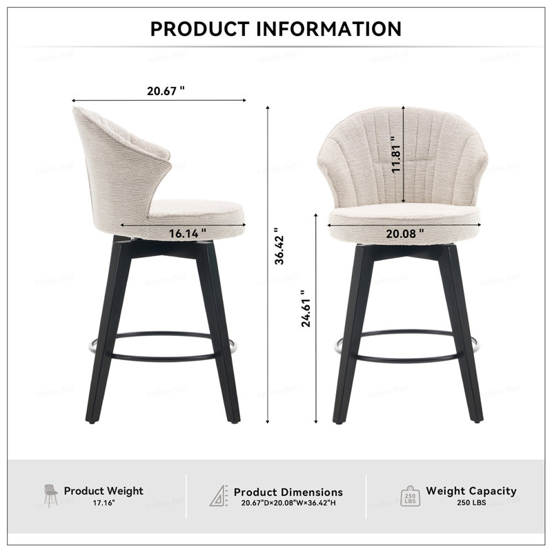2PCS Chenille 25"Wing Back Swivel Bar Stools, Dark Gray