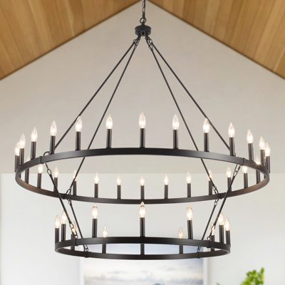 Gracie Oaks 40 - Light 2-Tiers Large Black Dimmable Wagon Wheel Chandelier Farmhouse Round Vintage Candle Style Dining Room Light Fixture with E12 Base Bulb for Living Room, Foyer, Entryway