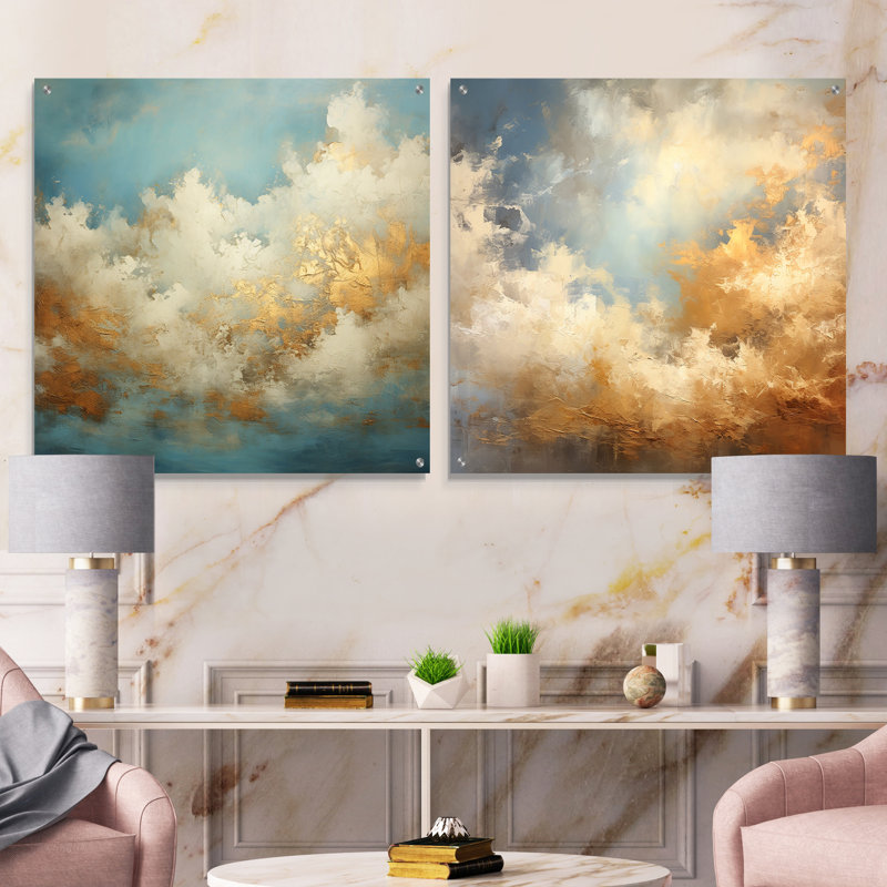 Ensemble de 2 verres muraux en acrylique beige et or Minimalisme, H 36 po x l 73 po