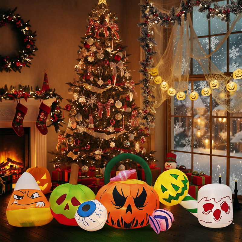 7 décorations d'Halloween gonflables 7 pièces, décorations d'Halloween d'extérieur avec lumières DEL pour la cour
