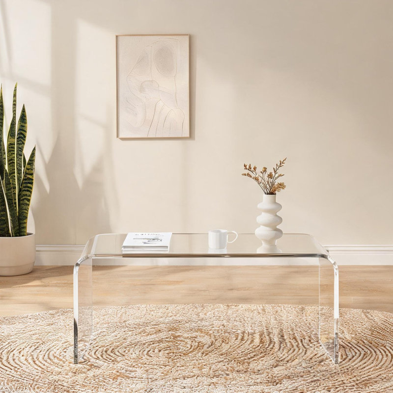 Table basse à cascade rectangulaire en acrylique 39,25 pouces, style minimaliste moderne transparent, base de dalle de 15 mm d'épaisseur