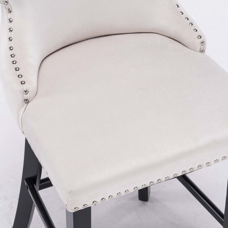 Tabourets de bar rembourrés en velours avec boutons capitonnés et pieds en bois, Beige, 2