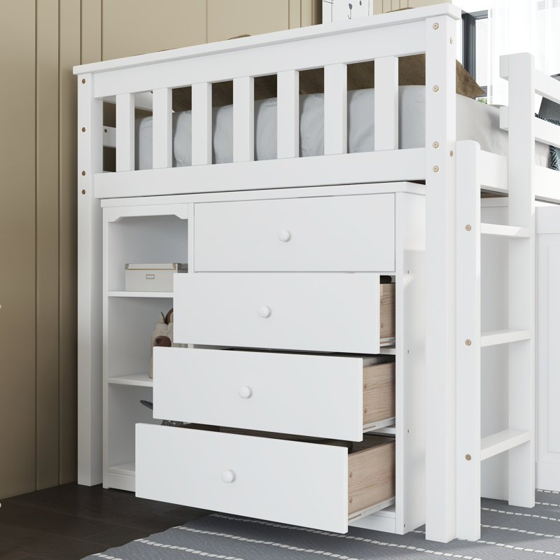 Lit mezzanine simple avec bureau coulissant et grandes armoires de rangement, Blanc