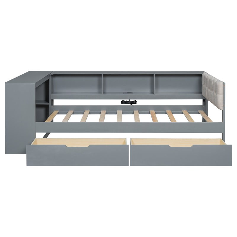 Lit de jour avec rangement et station de charge, Simple, Gris