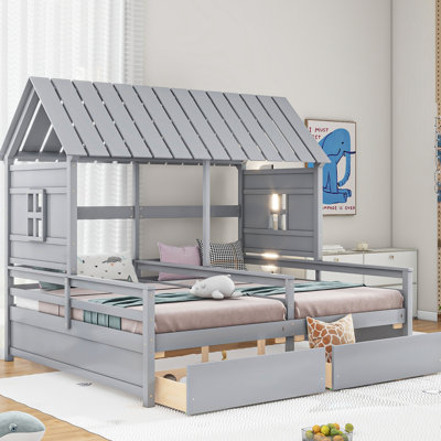 Lit plateforme House avec deux tiroirs pour lits partagés, combinaison de 2 lits côte à côte