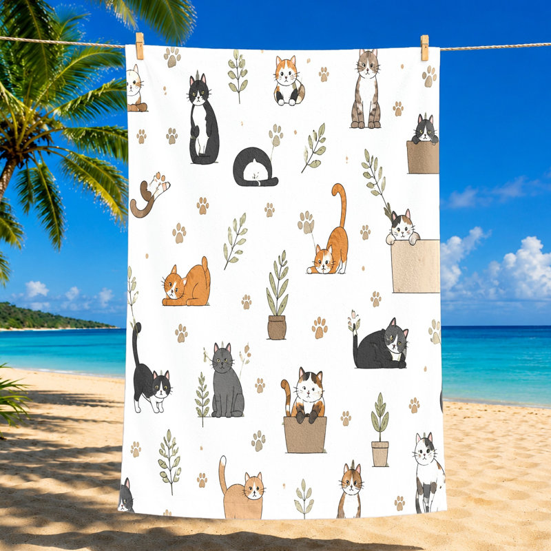 Serviette de plage pour chat 1Pcs, avec divers chats ludiques et plantes en pot dans un style d'illustration fantaisiste. Grande microfibre, parfaite pour les voyages, la natation, les voyages, le camping, unisexe.