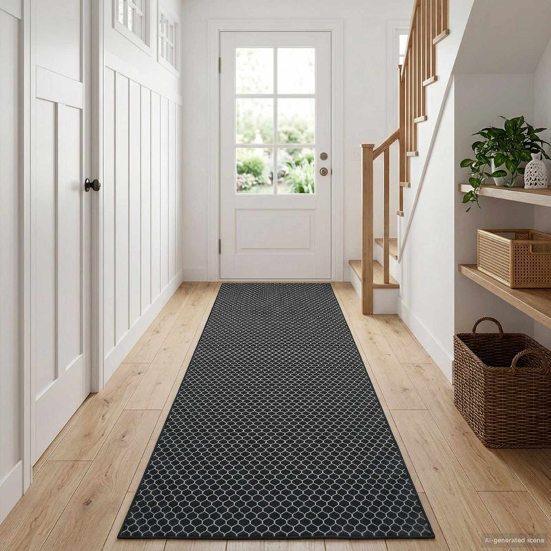 Geometric Area Rug, Black Mesh Pattern, Runner 100 x 200 cm