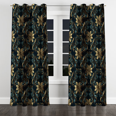 Gold And Blue Luxury Damask Symphony I - Bohemian Grommet Curtain - Velvet Room Darkening - 1 Panel