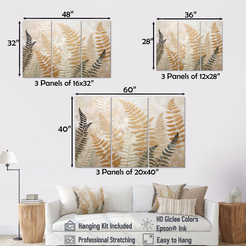 Golden Ferns Silent Symphony III - ensemble d'art sur toile, fougères, Toile tendue, H 40 po x l 60 po x P 1 po
