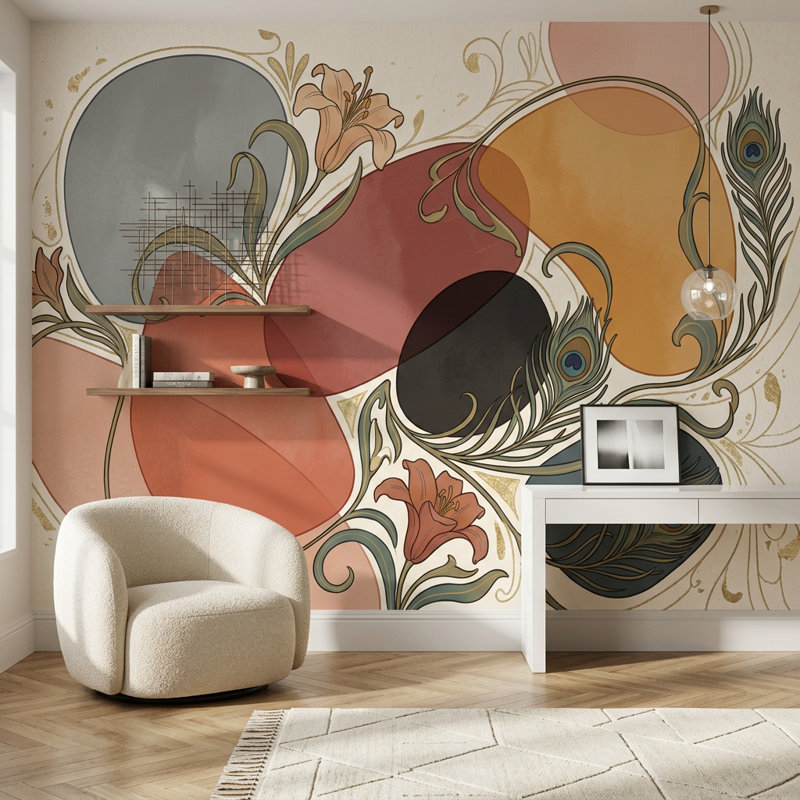 Murale de plumes de paon Art Nouveau, 100 po x 96 po, Non-Woven Nonpasted