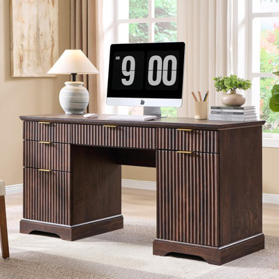 Modern Executive Desk With Power Outlet, Wood Home Office Desk With Drawer & Storage Cabinet