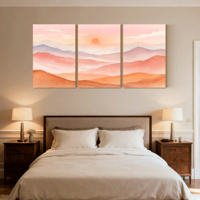 Abstrait pastel coucher de soleil montagne, ensemble de 3 reproductions d'art sur toile