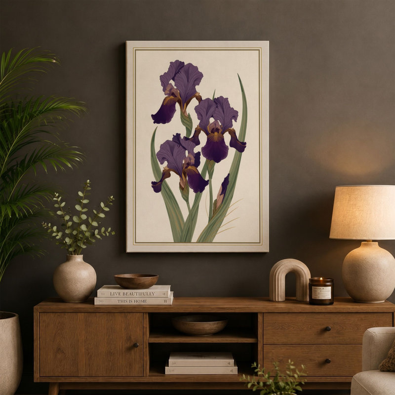 Purple Irises Study Botanical - Wrapped Canvas, 30x20 - 76.2 x 50.8 cm, Taupe Border
