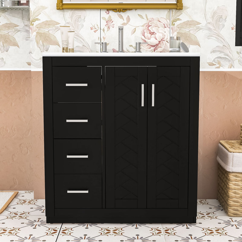 Armoire de salle de bain Farmhouse avec lavabo en céramique, 3 tiroirs et portes à fermeture douce, Noir