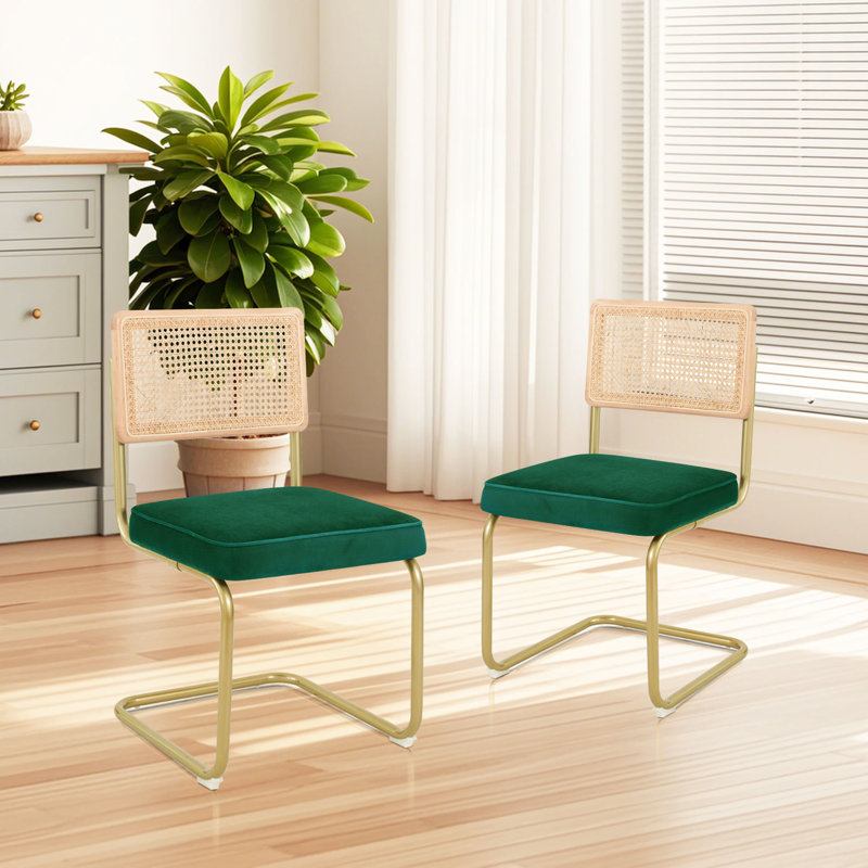 Modern Green Velvet Rattan Dining Chairs Set Of 2 - Gold Cantilever Upholstered Accent Chairs For Kitchen, Vanity, Home Office