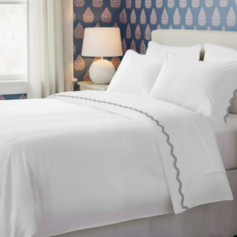 400TC Cotton Sateen Triple Scallop Embroidery Sheet Set, California King Sheet Set, Dark Grey Border