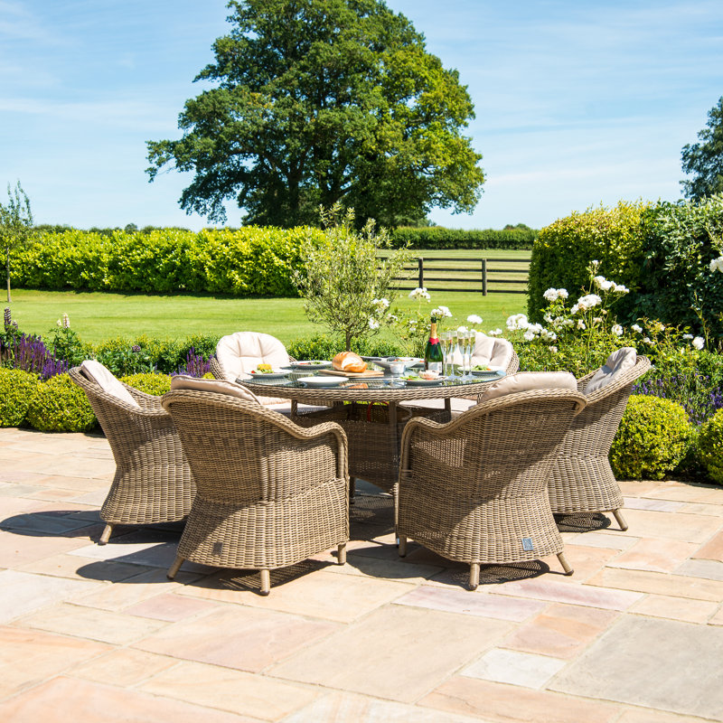 Balch 6 Seat Round Rattan Fire Pit Dining Set - with Lazy Susan