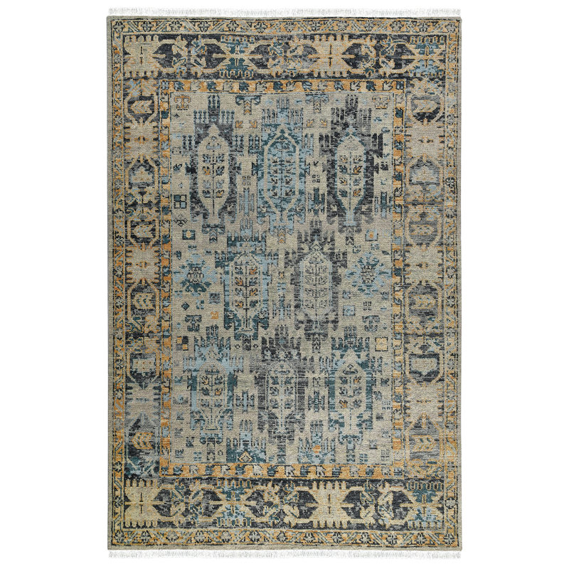 Tapis rectangulaire en laine noué à la main de style sud-ouest beige / gris / brun, Rectangle de 10 pi x 14 pi