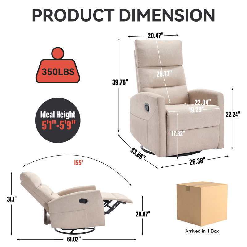 Manual Swivel Rocking Recliner Chair, Beige Fabric Upholstered for Living Room, Beige Linen Blend