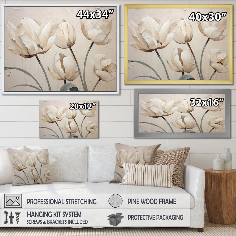 Minimalisme, tulipes blanches symphonie II sur toile, H 30 po x l 40 po x P 1,5 po, Toile tendue