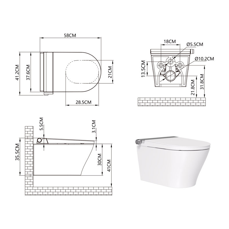 DeerValley Wall Hung Smart Toilet, Electric Bidet Front & Rear Wash,Remote Control, Warm Air Dryer, Night Light, Modern White Toilet for Bathrooms with Filter, Quick Release & Soft Close Design