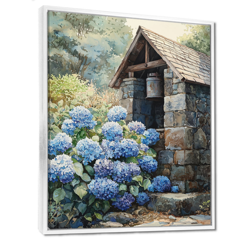 «Hydrangeas By The Farm Well II - Hydrangea», art mural, Reproduction avec cadre flottant, H 32 po x l 16 po, Blanc