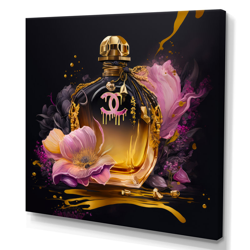 «Chic Perfume Bottle With Pink Roses I», reproduction d'art sur toile encadrée, H 16 po x l 16 po x P 1 po, Toile tendue