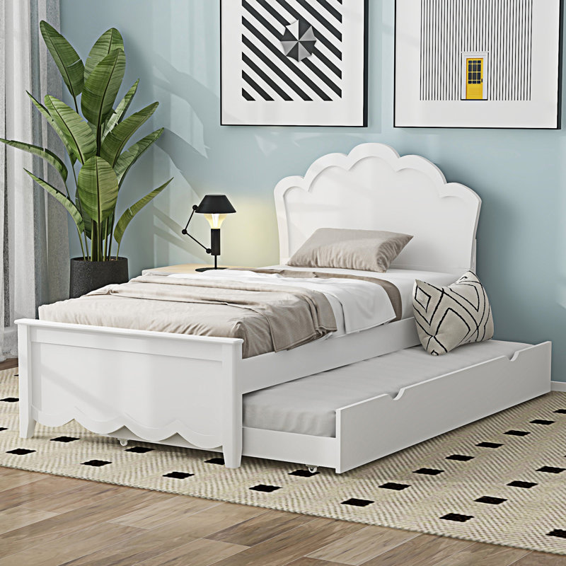 Lit plateforme en bois avec tête de lit et lit gigogne, Lit simple