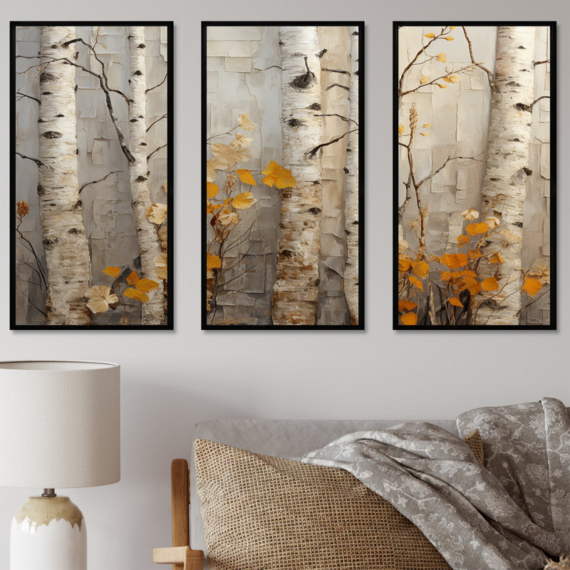 «Autumn Birch Tree Elegance» - art mural arbre, H 28 po x l 36 po, Cadre flottant noir