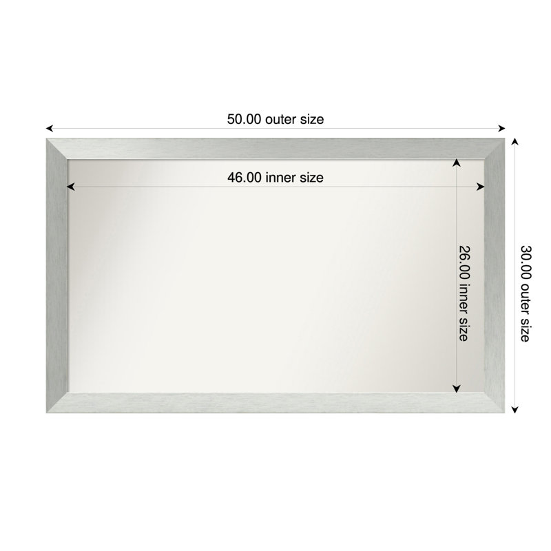 Miroir de salle de bain mural en argent brossé sans cadre, Rectangle, 30 po x 50 po