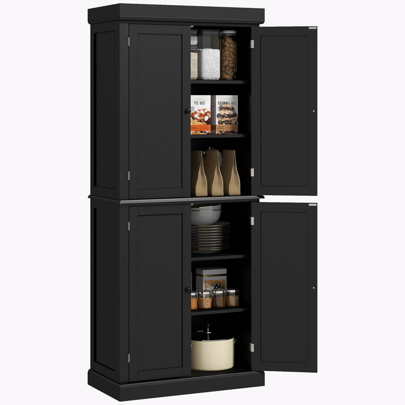 Armoire de cuisine autoportante avec 4 portes et tablettes réglables, Noir, noir, noir, noir