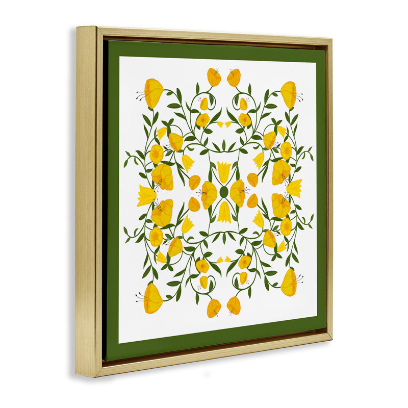  «Golden Blooms Symmetry» par Michelle Ingari Designs, H 25 po x l 25 po, Cadre flottant métallique doré