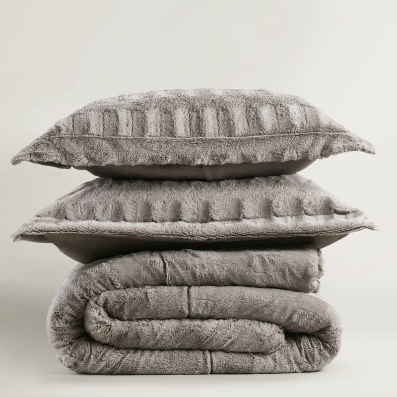 Édredon en fausse fourrure unie double / grand gris avec 2 taies décoratives, Gris