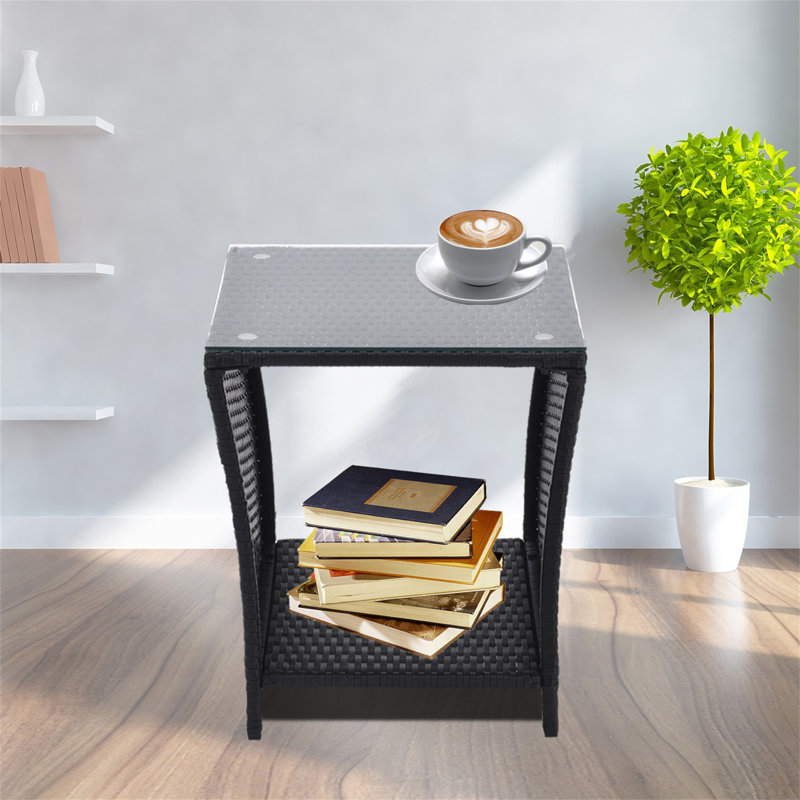 Table basse pour l'extérieur avec 1 table basse en verre trempé transparent , 20.1" H x 17.7" L x 17.7" W, Black