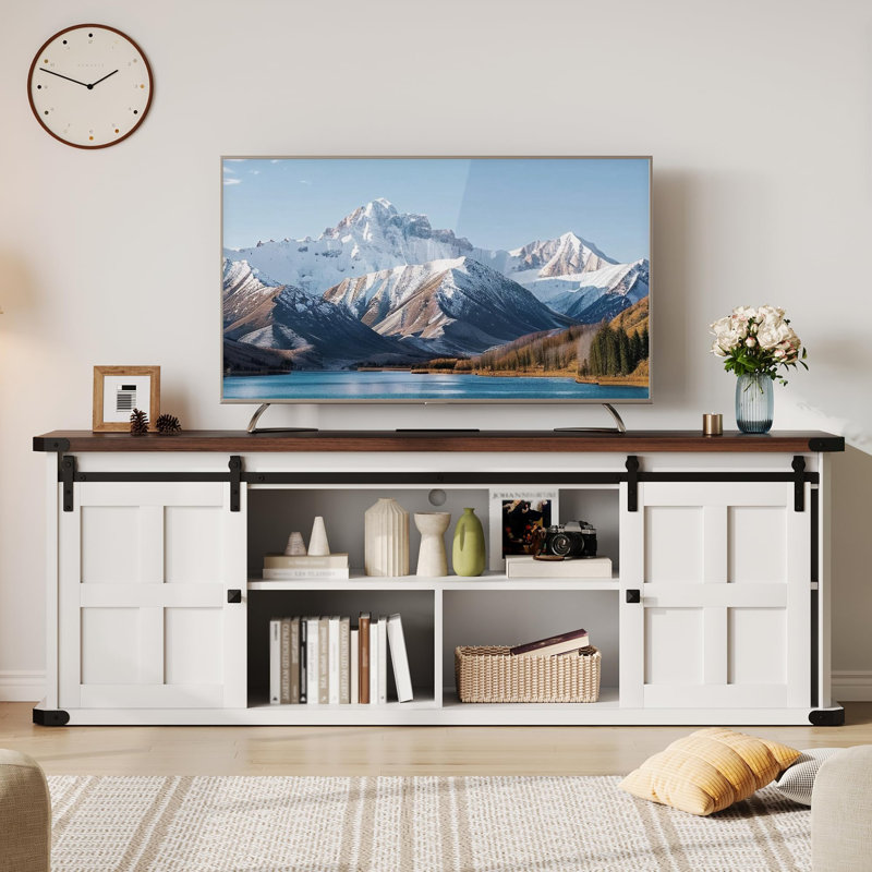 70" Farmhouse TV Stand for TVs up to 80", Entertainment Center with Sliding Barn Doors, Shelves & Power Outlets