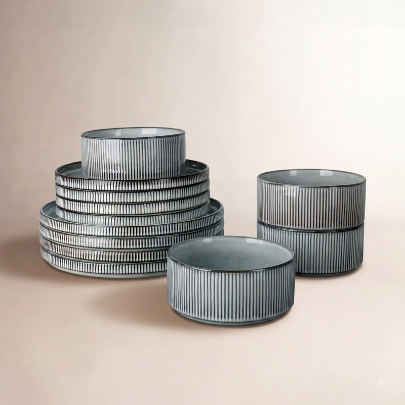 Azal 12-Piece Stoneware Dinnerware Set, Service for 4, Smoky Blue