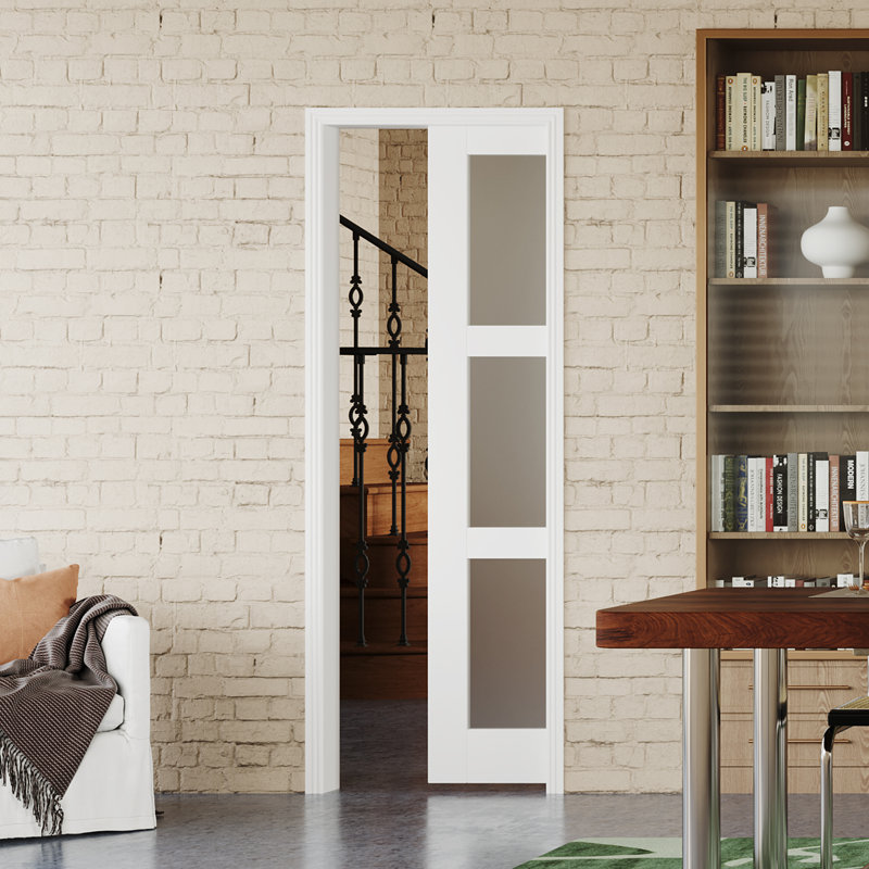 Sliding Pocket Door - Frosted Glass Design -Maufacture Wood With Hardware, 80", 32” W x 80" H