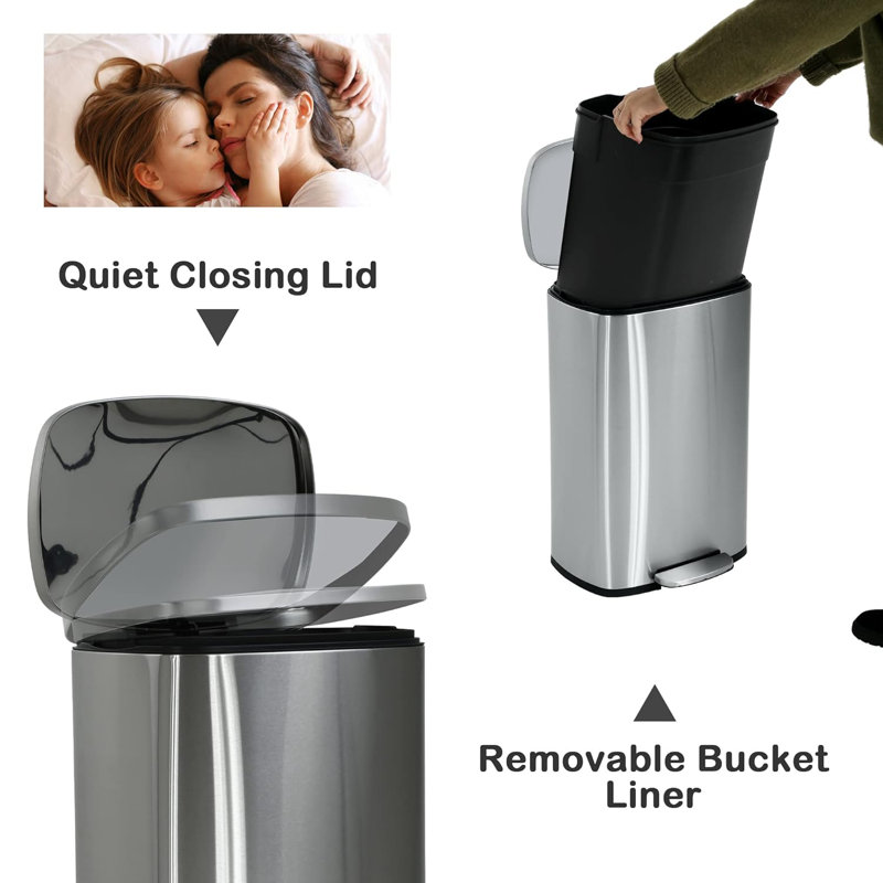 Silver Stainless Steel 13 Gallon Pedal Trash Can with Removable Lid