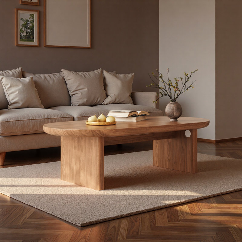 Table basse ovale moderne de 47 po, table basse en bois à profil bas avec base à piédestal épais, panneau de fibres à densité moyenne avec placage en bois, conception à bords arrondis, table de centre d'assemblage facile pour le salon