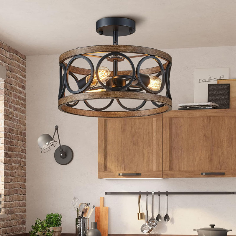 Luminaire suspendu Farmhouse avec finition grain de bois, plafonnier à 3 lumières à intensité variable pour la cuisine, la salle à manger, la chambre à coucher et le vestibule