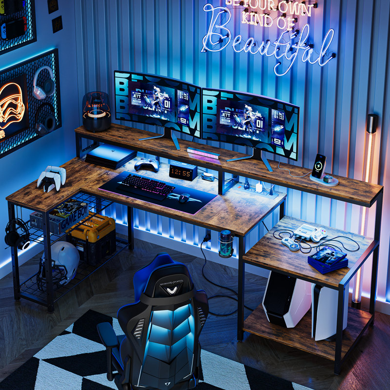 Minaya LED Gaming Desk with Power Outlet, L-Shaped Computer Desk with Monitor Stand, Brown, 35.8" H x 71.5" W x 19.7" D