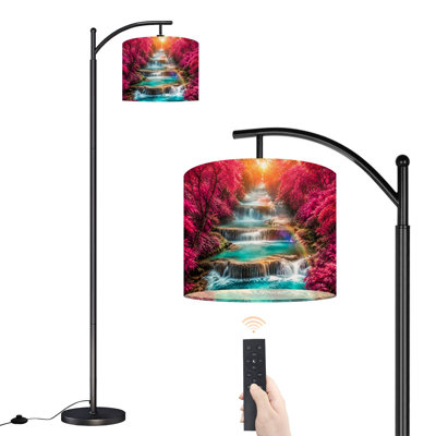 Lampe sur pied à arc avec abat-jour réglable cascade de forêt, paysage, chutes d'eau, lampe sur pied, 3 températures de couleur, intensité variable, grand mât avec interrupteur au pied pour la chambre à coucher