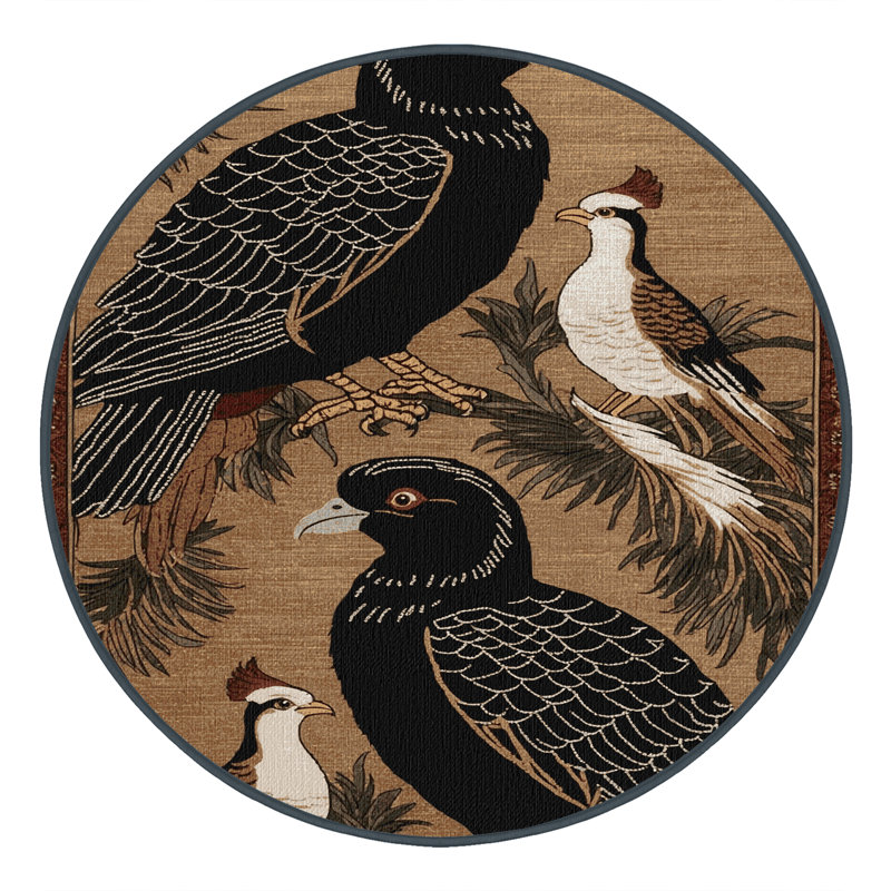  Washable Asian Koel Birds Area Rug, Round 7'