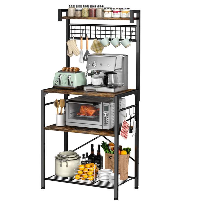 Kuljeet 21.65'' Adjustable Iron Standard Baker's Rack with Microwave Compatibility, 10 Hooks, Brown