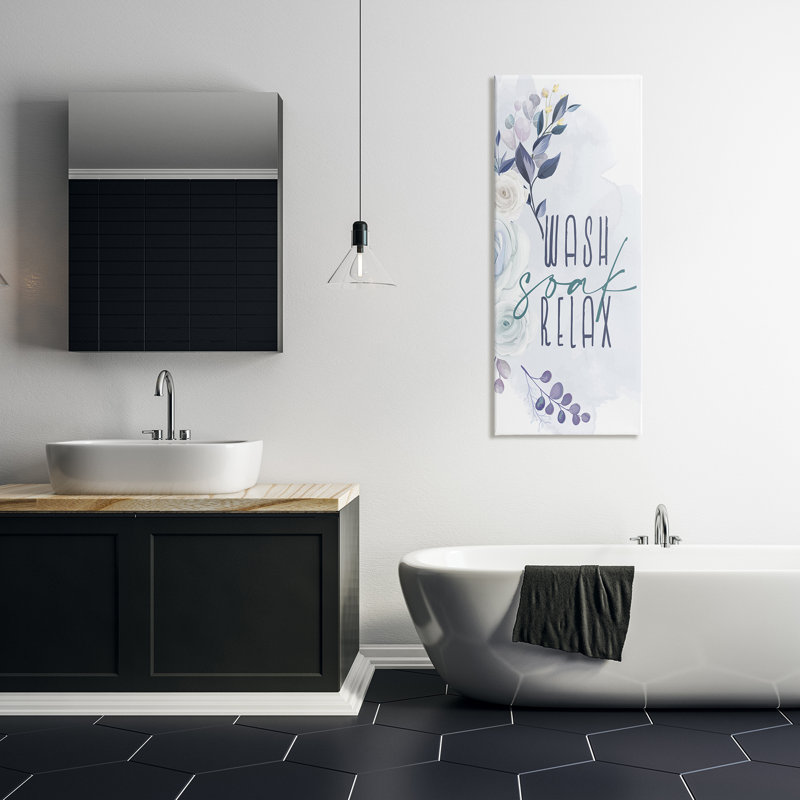«Wash Soak Relax Sentiment Spring Roses Blooming», art textuel sur bois, H 48 po x l 20 po x P 1,5 po, Toile tendue