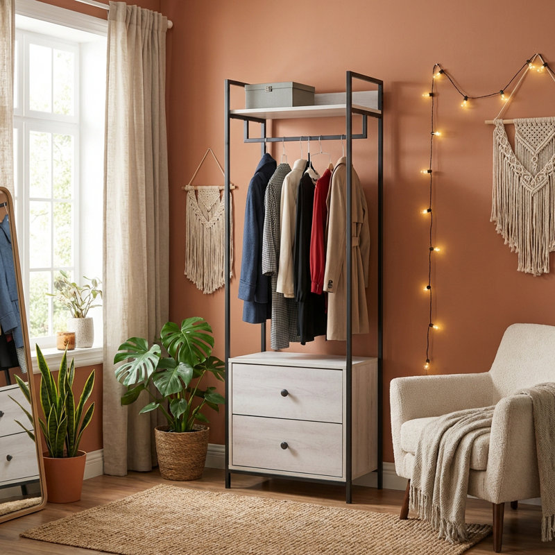 Alva Open Wardrobe with 2 Drawers, White Oak