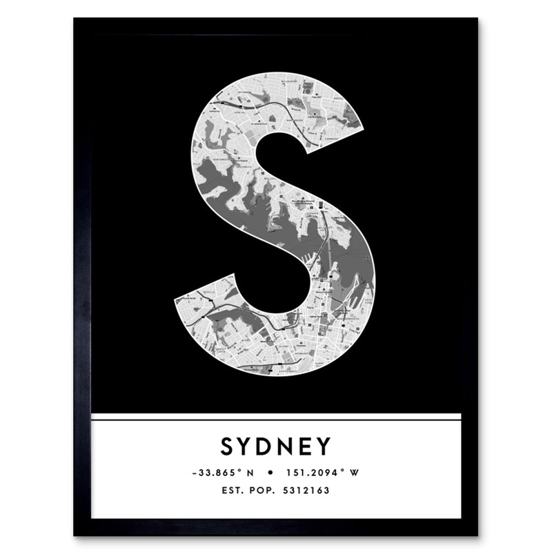 Sydney City Map Sydney Black & White - Single Picture Frame Typography
