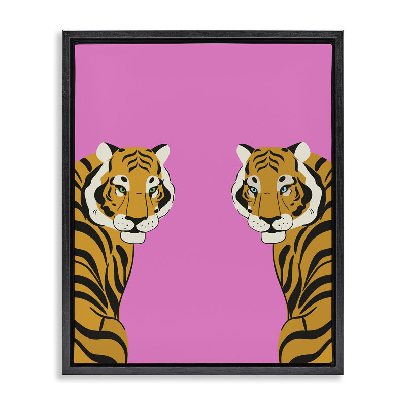 Tigres en miroir audacieux sur cadre flottant rose, design par House of Lulu, H 21 po x l 17 po, Cadre flottant noir de jais