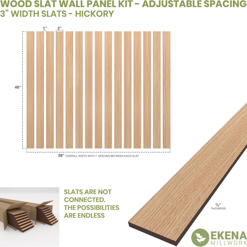 Adjustable Wood Slat Wall Panel Kit, 2"W x 94"H x 0.375"T, Hickory